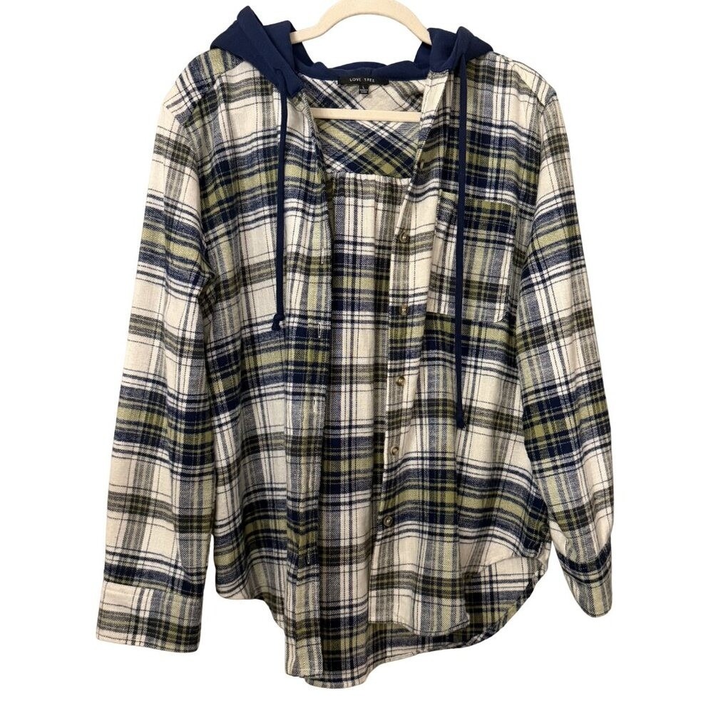 Love Tree Plaid Hooded Flannel Shirt Jacket - Size L